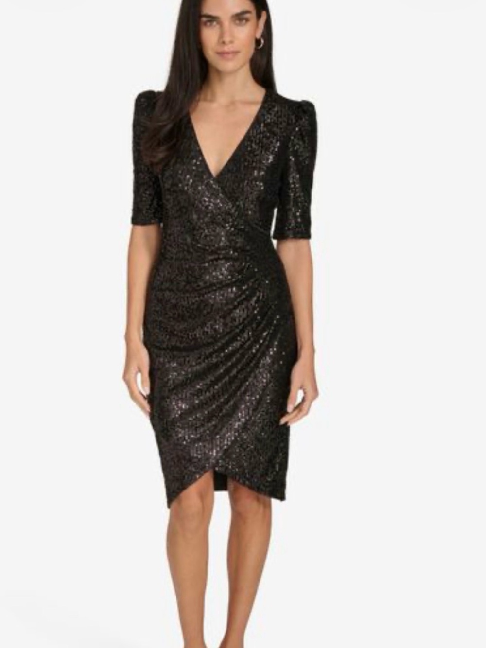 Calvin Klein Black Sequin V-Neck Ruched Midi Dress